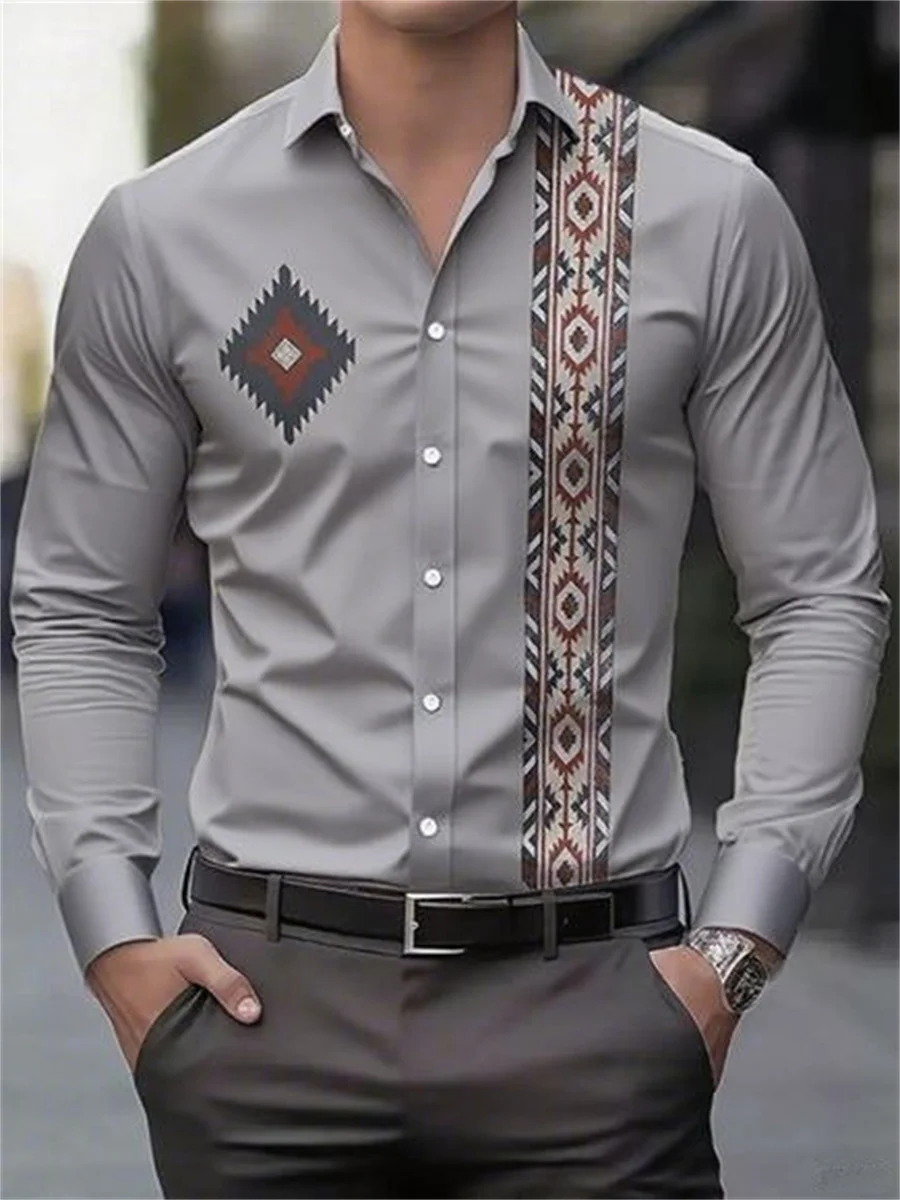 14 ألوان قميص رجالي موضة هندسية ثلاثية الأبعاد عالية الوضوح الطباعة طويلة الأكمام موضة قميص غير رسمي الأعمال التلبيب العلوي XS-6XL