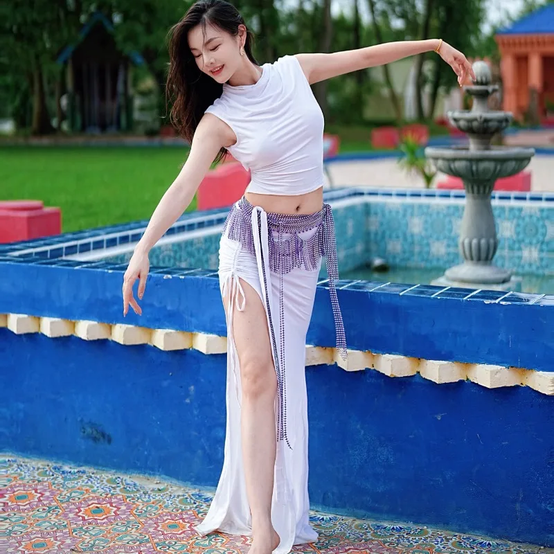 تنورة ذيل السمكة ذات الياقة البيضاء المخصصة مع أزياء الرقص الشرقي المكشوفة بمزاج الظهر بدلة الأداء الملابس الهندية للنساء #2