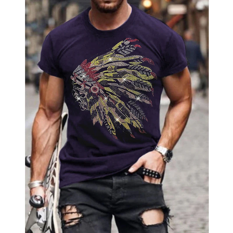 Fashion Men\'s Clothing Oversized Tee y2k Indian Rhinestone Designer Short Sleeve Tops Hip Hop Casual Street t-shirt High Quality