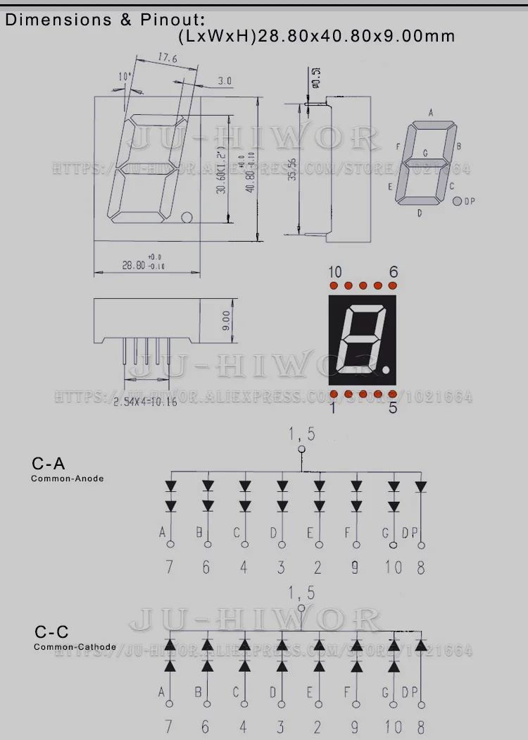 10pcs 1.2 Inch 10Pins 1 Digit Bit 7 Segment Jade Green LED Digital Display Digitron 120101AGG 120101BGG Common Anode Cathode