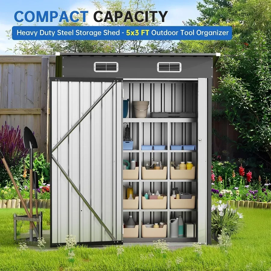 Vertical metal storage shed for outdoor garden tool storage, heavy-duty steel with sloped roof, lockable utility shed for patio
