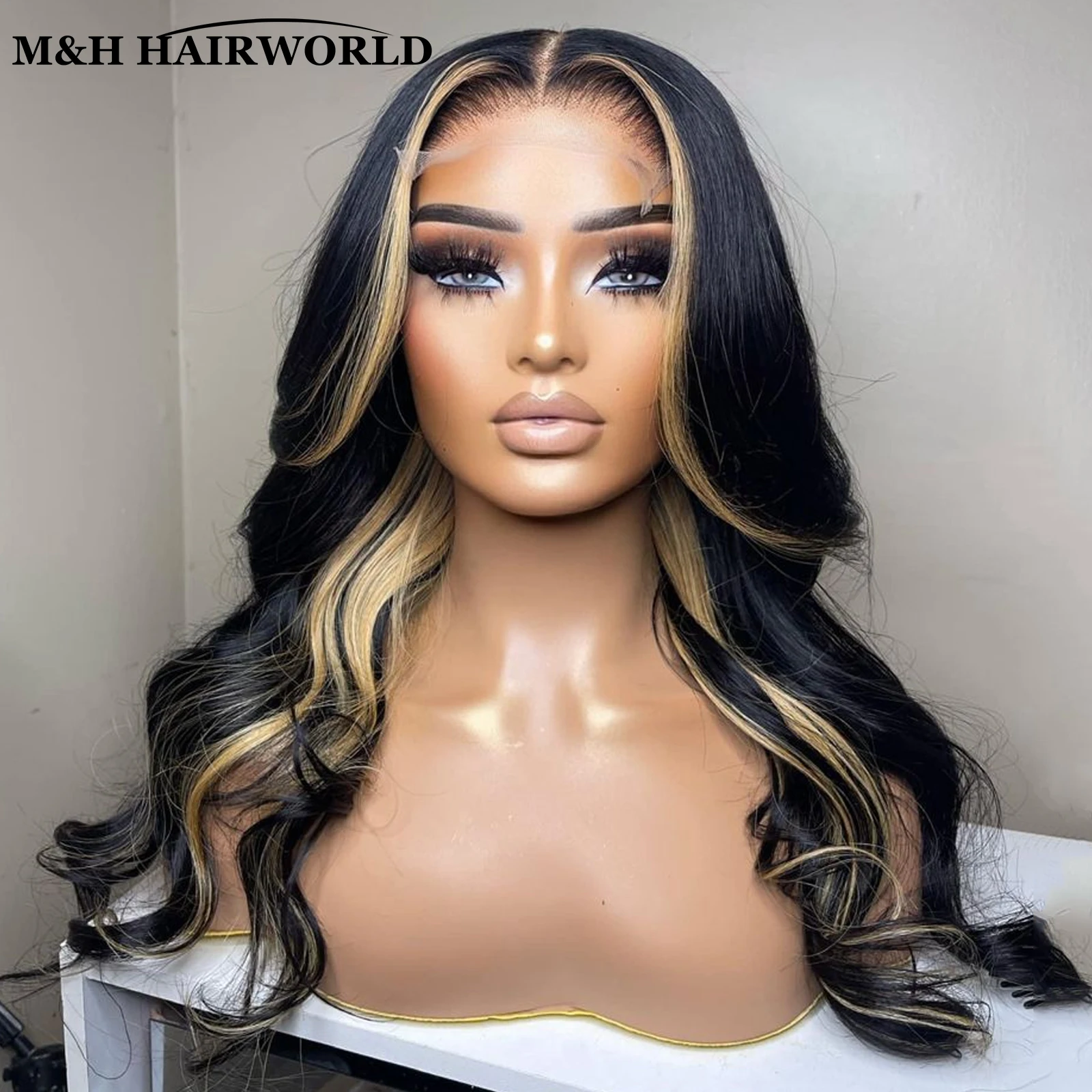 Wavy Ash Blonde Stripe Highlights Lace Front Wigs For Women Black Long Straight Synthetic Hair Wig Glueless Lace Frontal Wigs