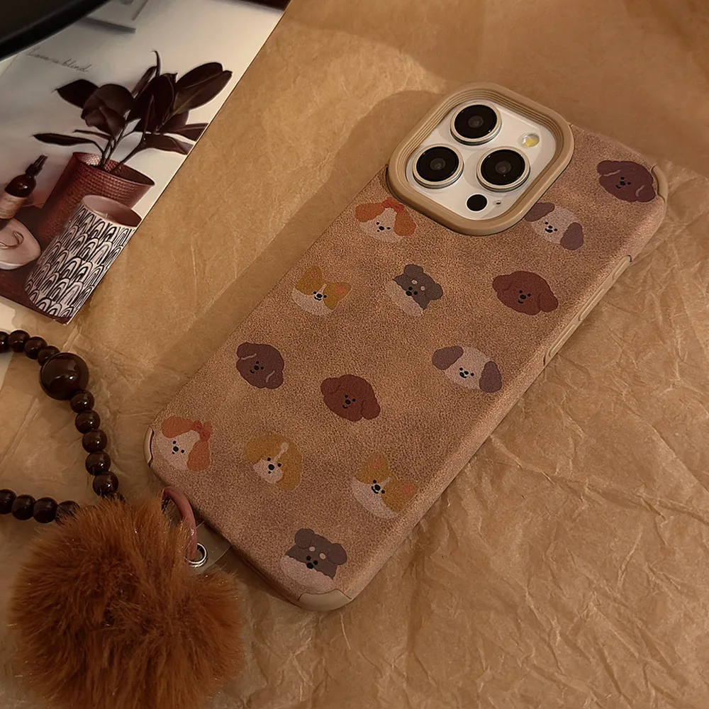 가을 겨울 스웨이드 레트로 강아지 아트 플러시 볼 펜던트 전화 케이스, 아이폰 16, 15, 14, 13, 12 프로 맥스 케이스, 귀여운 럭셔리 만화 커버