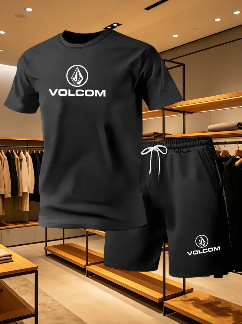 VOLCOM 2026 New Men's Casual Set, Lightweight Short Sleeved, Sports Quick Drying, Fitness, Breathable and Loose 2-piece Set