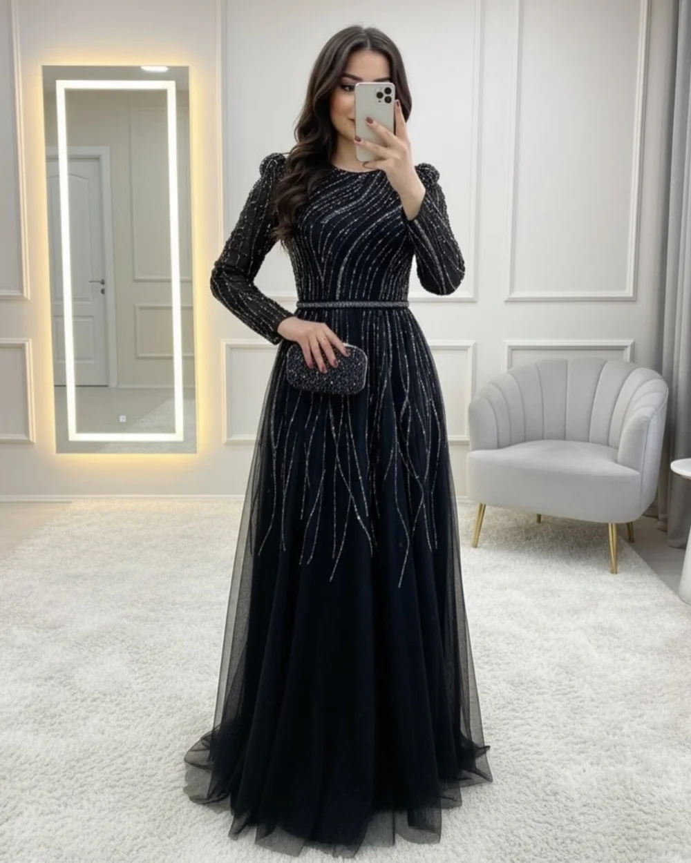 

Customized Modern Style Women Tulle Rhinestone Ruched A-line Evening Dresses Formal O-Neck Long Sleeves Floor Lenght Party Gowns