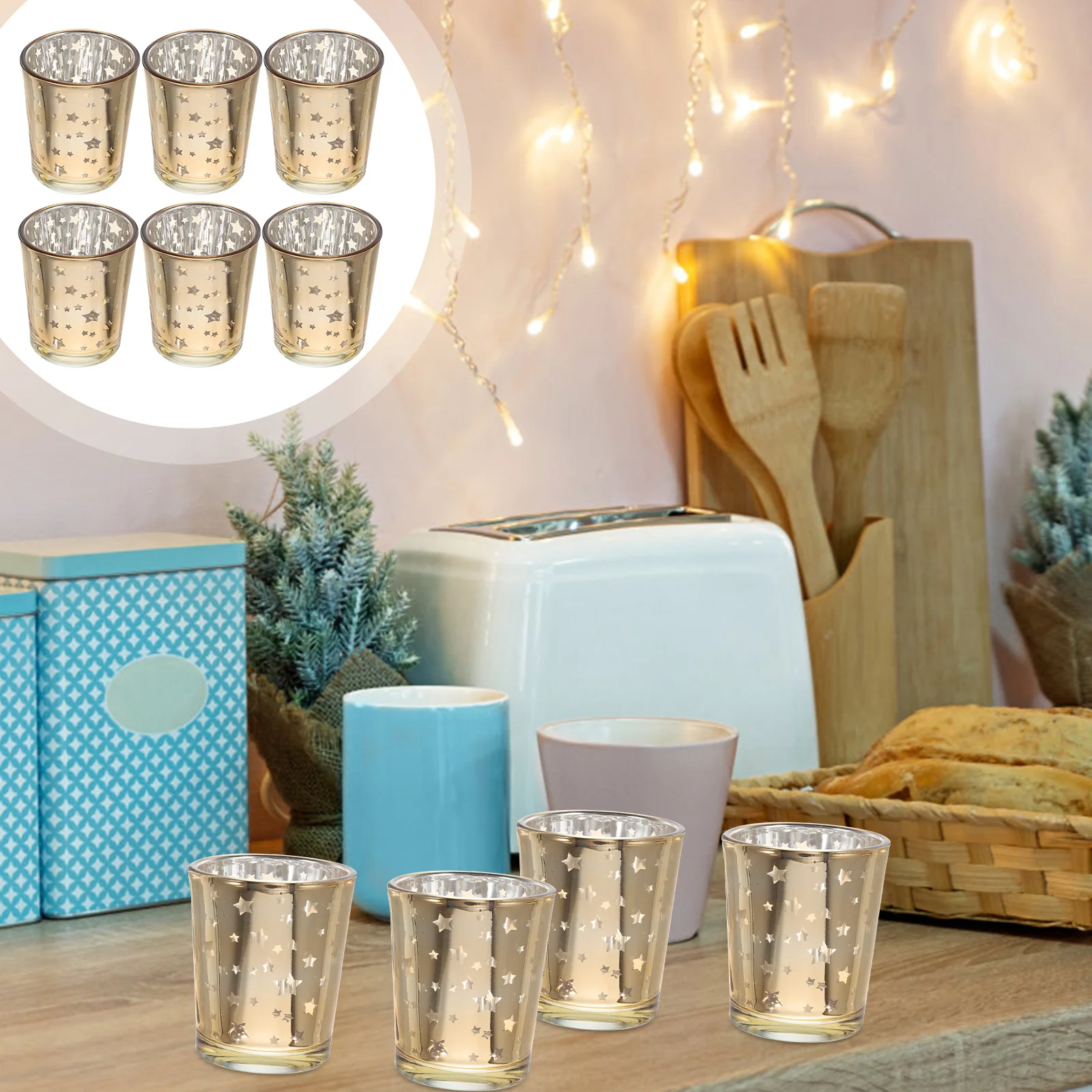 

6Pcs Glass Holders Star Pattern Stylish Tea Light Container Wedding Party Table Centerpiece Glass Holder