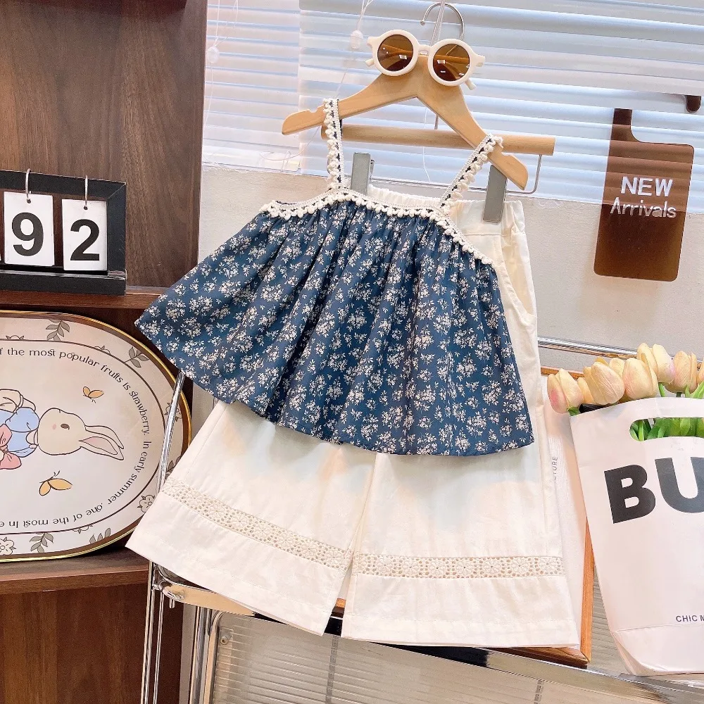 New Arrival Toddler 1-12Y Girl Blossom Frill Strap Blouse, Lovely Straight Trousers Casual Suit  for 90-140cm