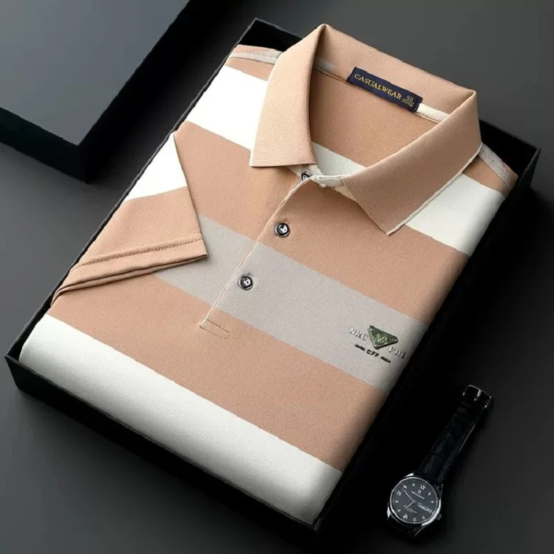 Polo de manga corta con relieve de marca de lujo, camiseta a la moda a rayas con bloques de color, ropa informal cómoda de algodón puro para verano para hombre