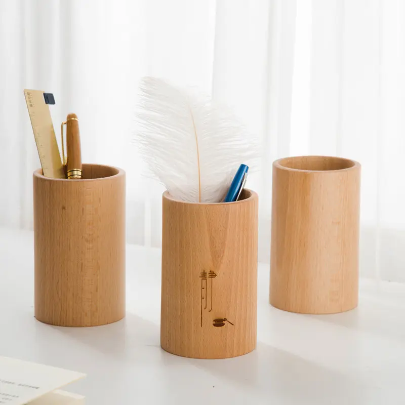 ✨ Zen Wooden Pen Holder Solid Wood Carved Round Desk Organizer Japanese Style Aesthetic Tabletop Storage Vintage Stationery Box