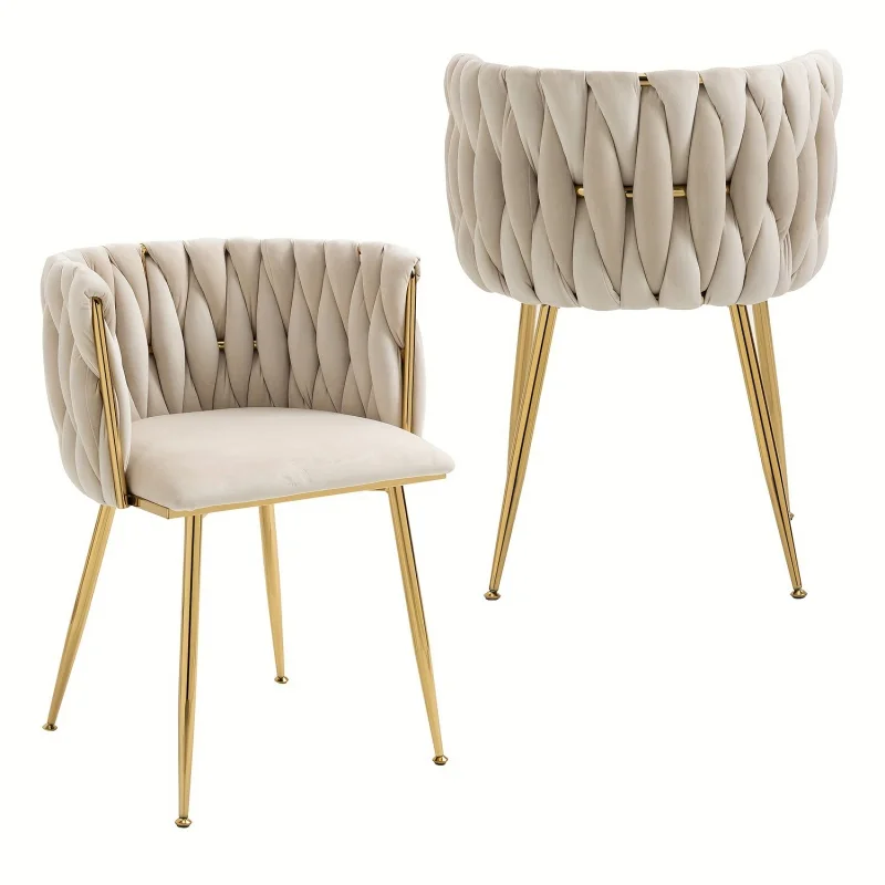 Set of 2 Velvet Dining Chairs - Woven Upholstered, Golden Metal Legs, Modern Accent for Living Room, Dining Room, Kitchen, Comfo