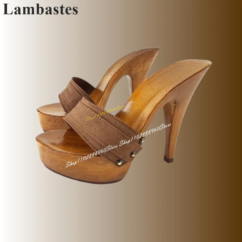 

Brown Cloth Strap Wood Platform Slippers Cut Heel High Heel Women Shoes Slip On Open Toe 2024 Fashionable Zapatos Para Mujere