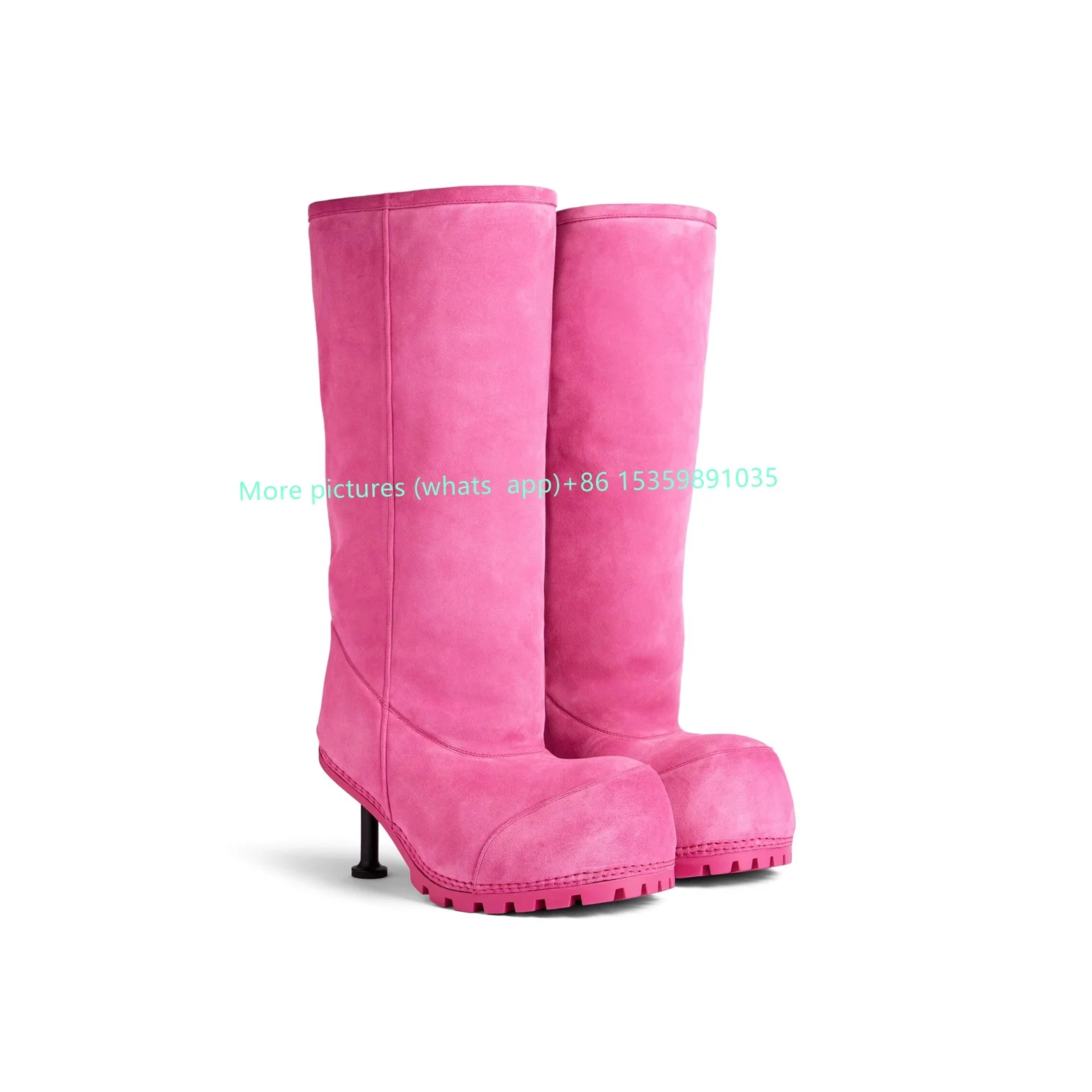 Pink Big Round Toe High Heel Winter Warm Boots Thick Fur Snow Boots Women Shoes Slip-on Fashion Luxury Catwlak 2024 New Solid