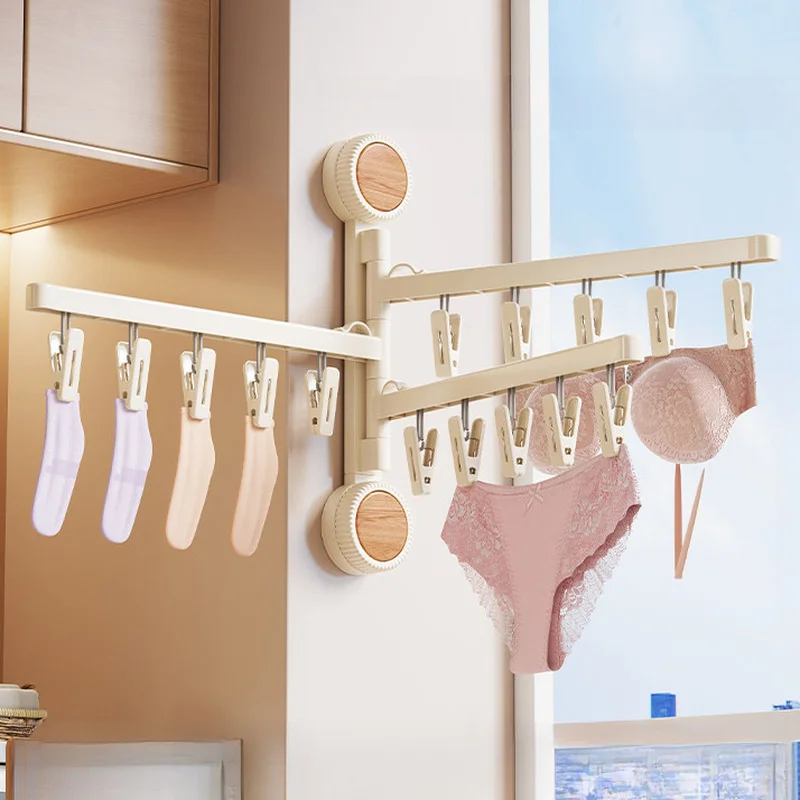 Wall Mounted Clothes Drying Rack with Clips Suction Cup Laundry Hanger for Underwear Socks Towels Balcony Bathroom
