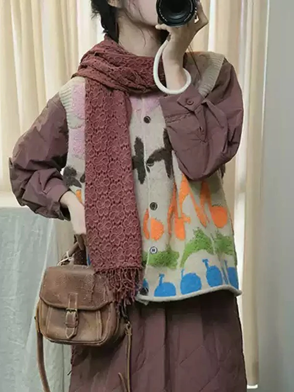 الفنية Fre فضفاضة عادية كل مباراة مفتوحة سترة محبوك سترة المرأة الخريف الشتاء Faion لينة متوسطة النايلون الكرتون طباعة #5