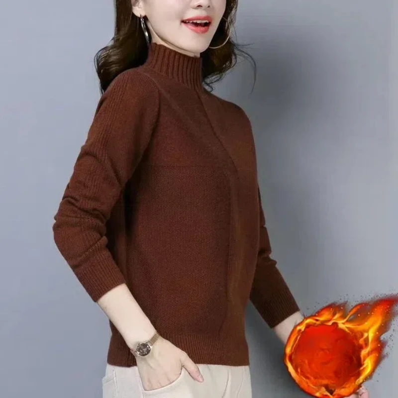 

Осень-зима, однотонный пуловер, женская одежда, флокированный свитер, вязаный свитер с длинным рукавом, полувысокий воротник, повседневные корейские топы