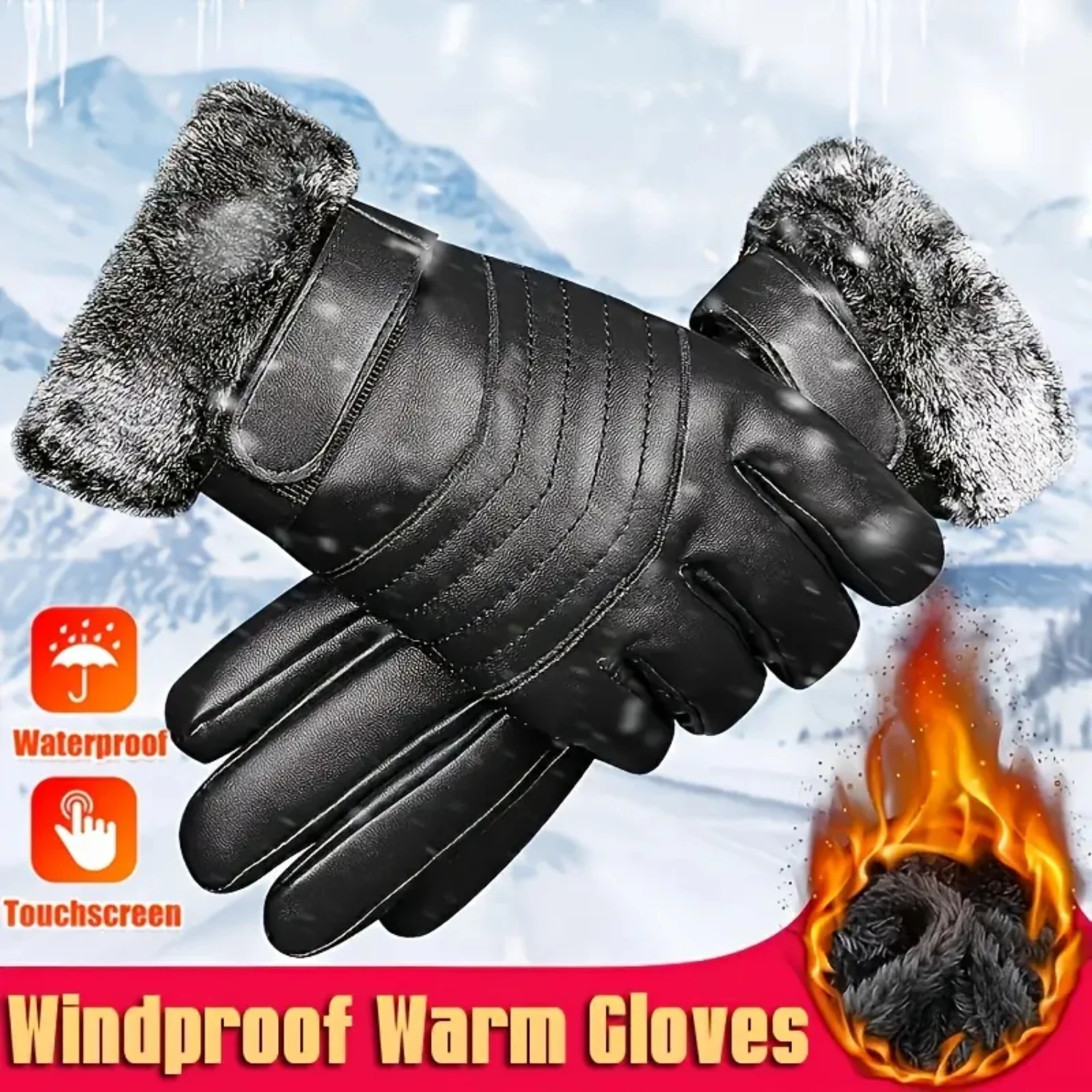 Thickened and Warm Men's Plus Velvet Black PU Leather Gloves for Autumn and Winter with Full Palm, Windproof and Cold Protection