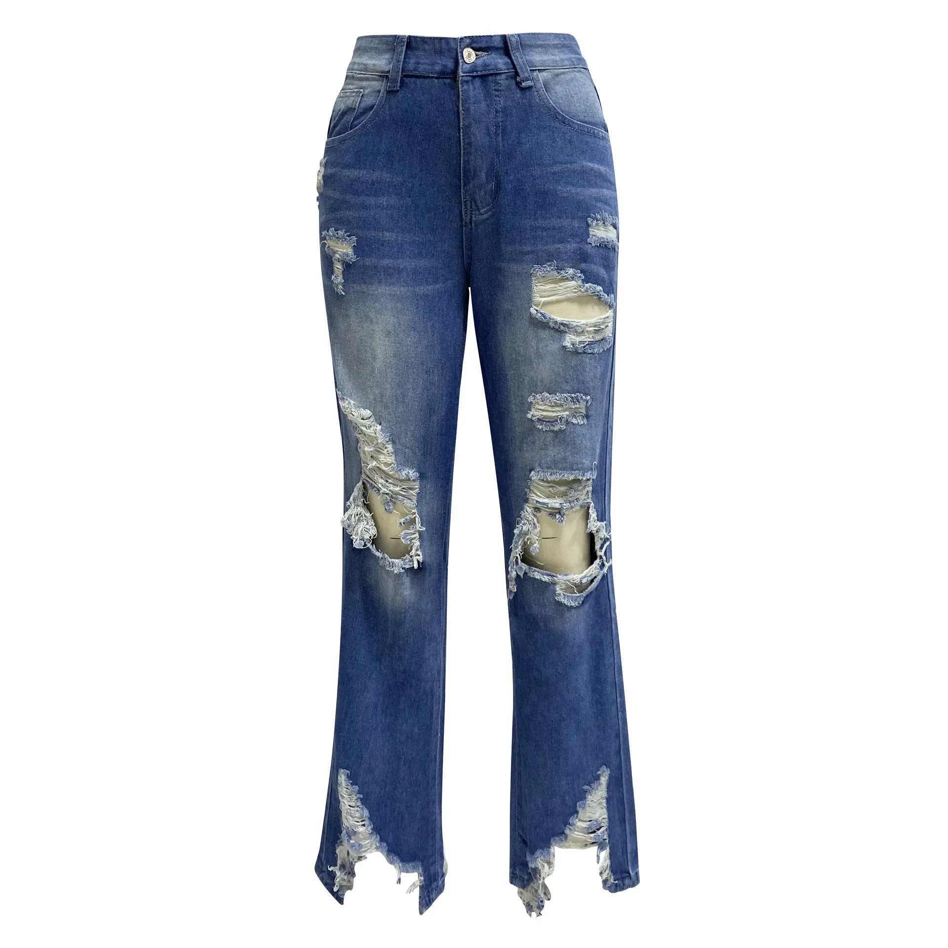 Women Jeans Flash Straight Pants Holes Washing Denim Pockets Loose Fit High Street Slight Strech Solid Color Spring 2026 Summer