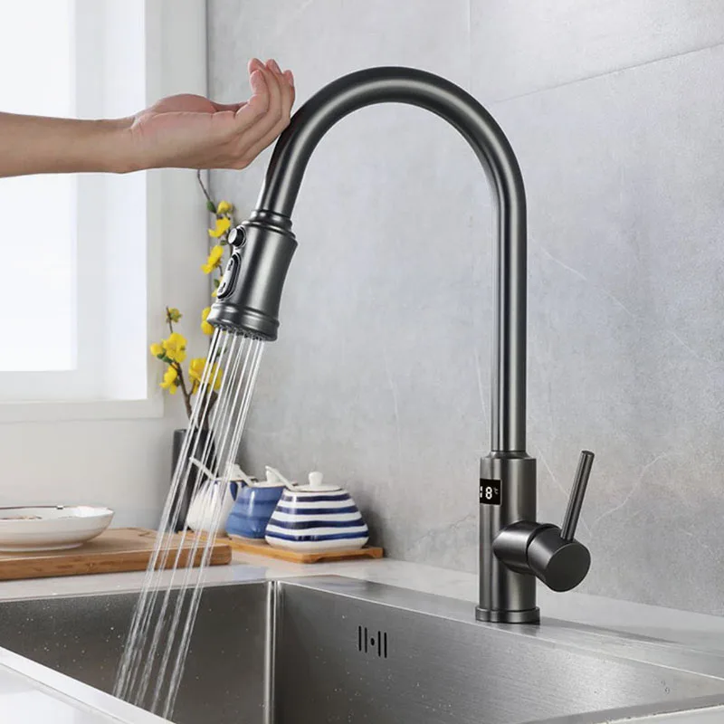 

NEW Automatic Smart Kitchen Faucet Deck Mounted Cold& Hot Water with Handle Two Model water out pull out ceramic valve core