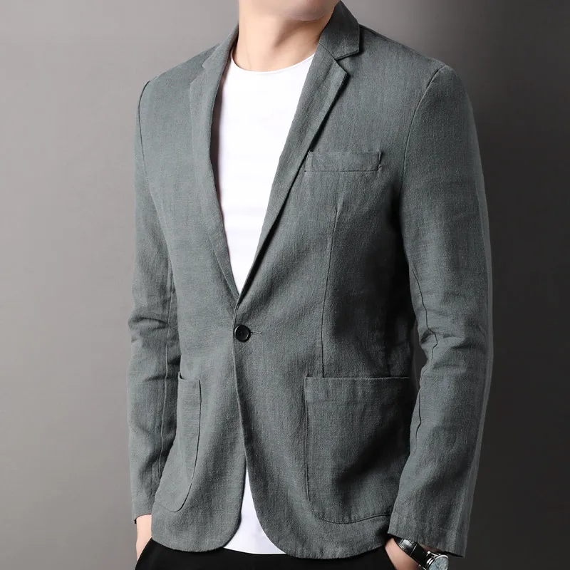 Spring and Summer New High Quality Men\'s Linen Suit Fashion Handsome Slim-fit All-in-one Trend Men\'s Coat 70% Ramie 30% Cotton