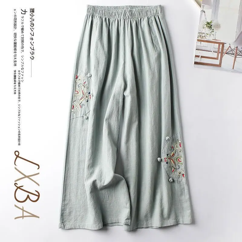 Calça reta de perna larga feminina, moda casual, linho, confortável, com elástico na cintura, estilo chinês, verão, nova, roupa de mulher, 2022