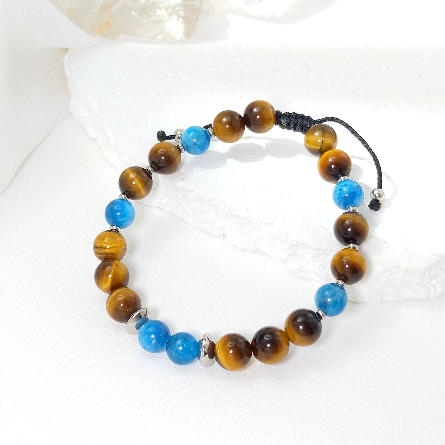 

Lii Ji Natural Stone Tiger's Eye Blue Apatite 8mm Adjustable Bracelet for Male Jewelry 19-27cm