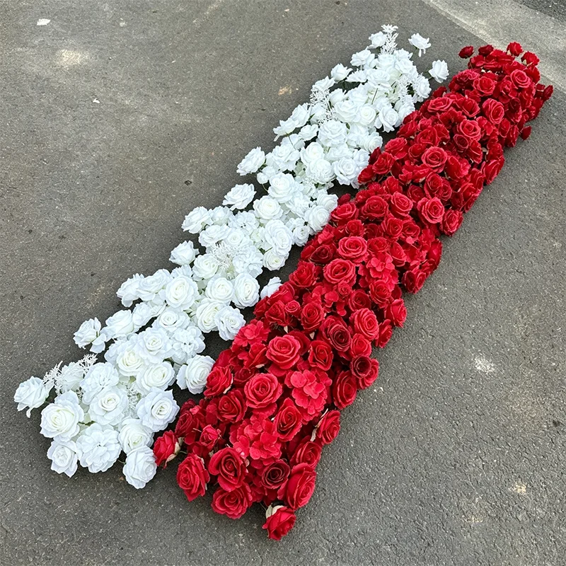 Künstlicher Tischläufer mit weißen und roten Rosen, Blumenreihe, Hochzeitstisch-Mittelstück, Blumenarrangement, Hochzeitskulisse, Bogen, Partydekoration – Detail 6