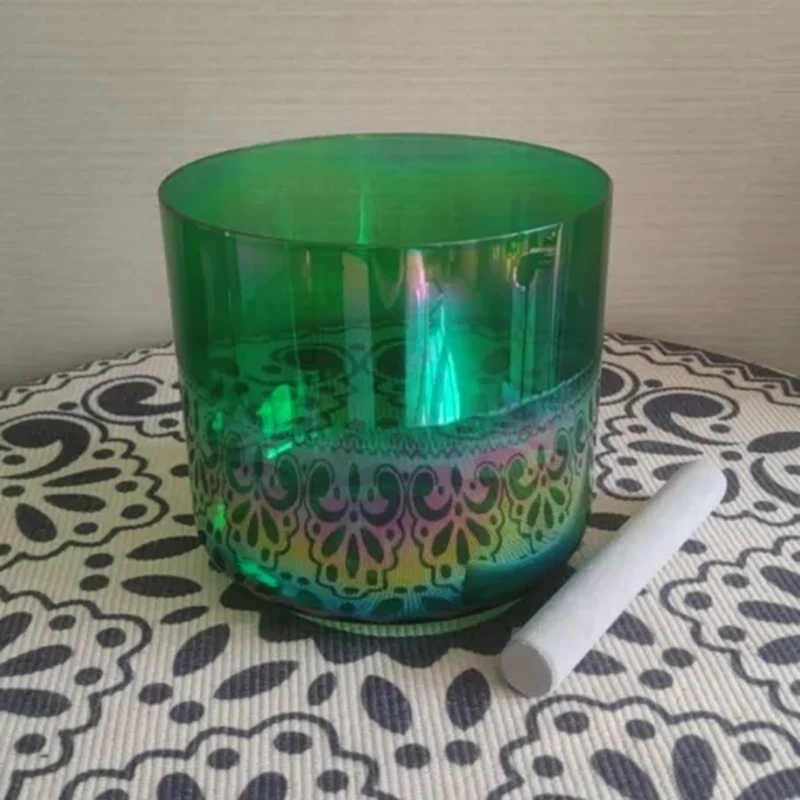 Hye-eun 6 Inch Green Cosmic Light Clear Crystal Singing Bowl for Sound Bath, ABCDEFG Note ,Chakra Balance, Meditation