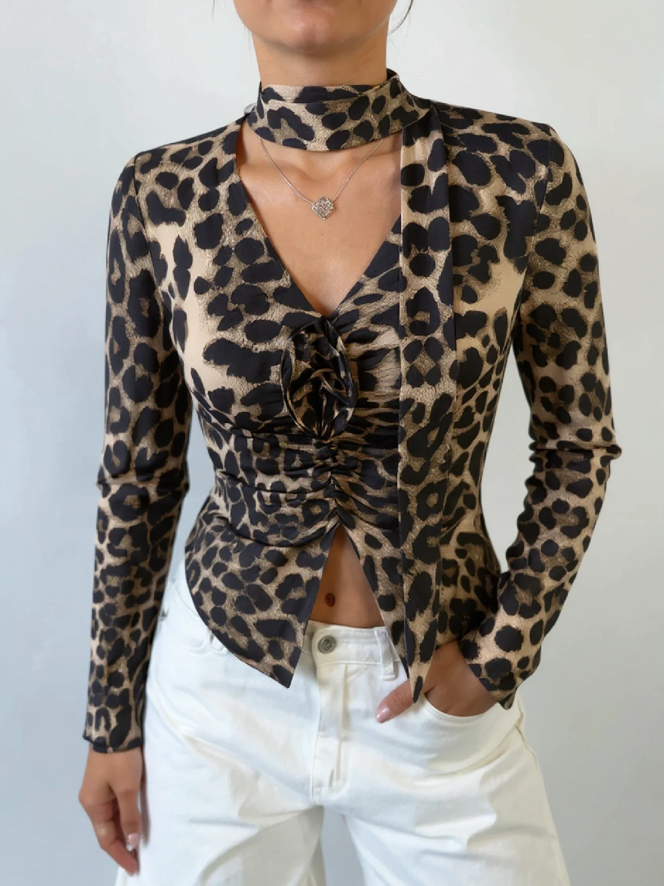 Women Leopard Print Tie Neck Long Sleeve Top V Front Ruched Slim Fit Y2K Elegant Casual Party Blouse Shirts
