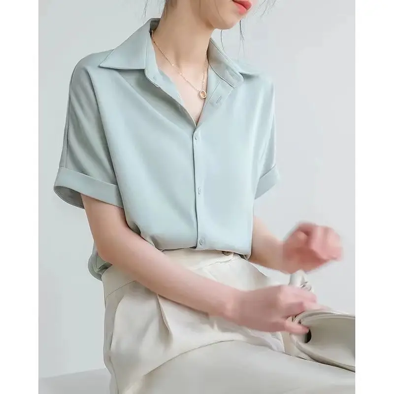 

Fashion Minimalist 2024 Summer New Blouses Women's Standard Loose Solid Button Polo Neck Short Sleeve Vintage Satin Shirts Tops