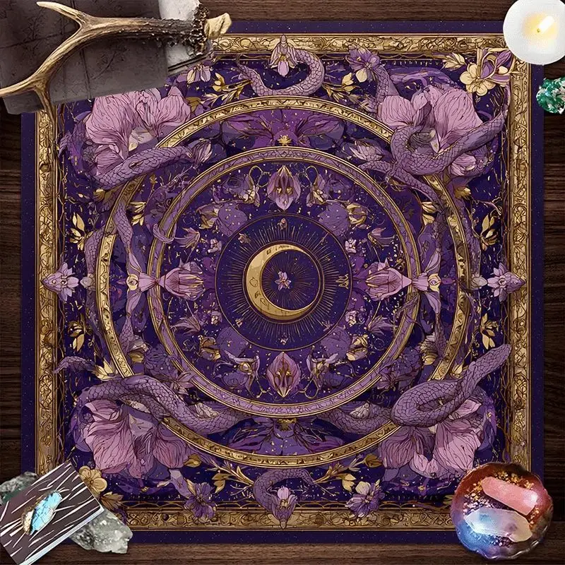 Tarot Altar Cloth Purple Gold Snake Floral Moon Phase Wicca Witchcraft Divination Mat for Tarot Reading Spiritual Mysticism Deco