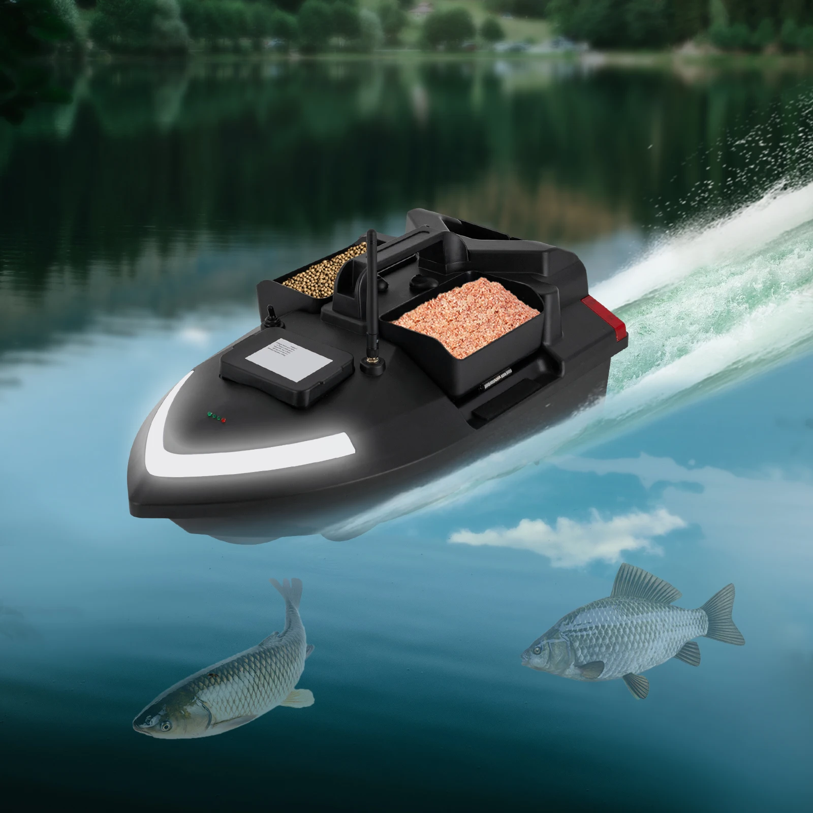 Fishing Boat with Dual Motors, 12000mAh Battery, Cruise Control, Automatic Route Correction, Independent Bait Compartments,