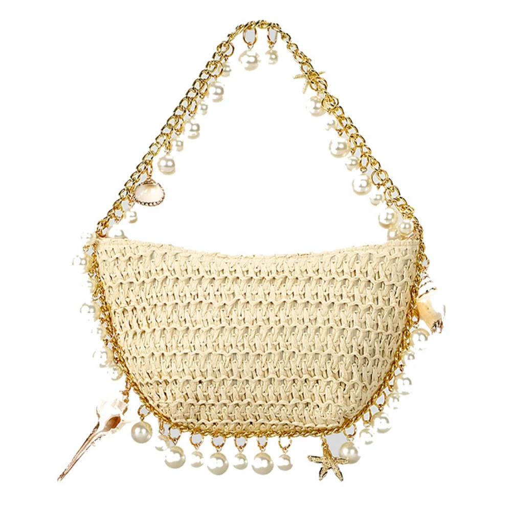 

Women Pearl Straw Clutch Bag Simple Evening Bag Large Capacity Weaving Hobo Bag Straw Shoulder Handbag Top Handle Bag