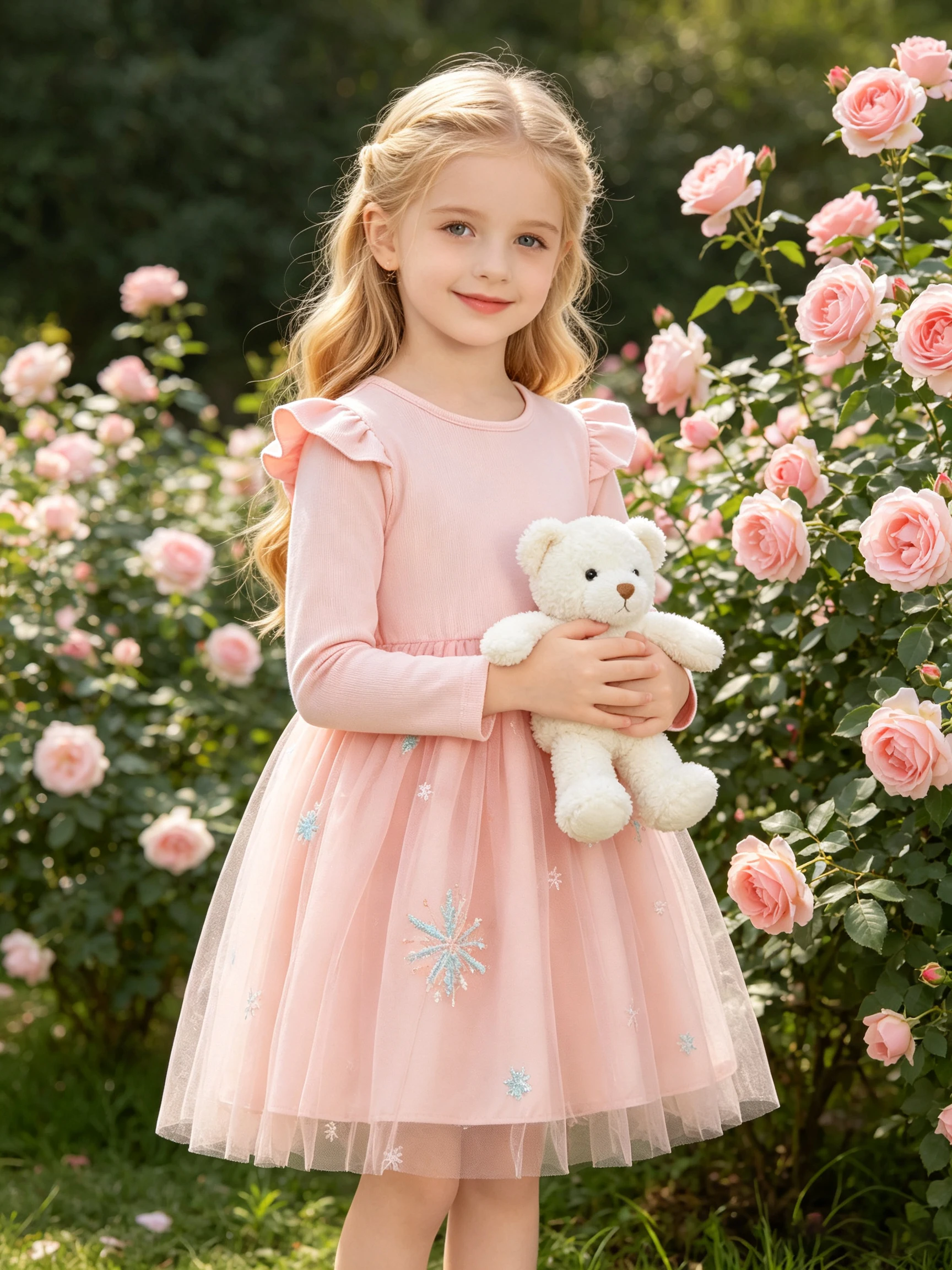 Little Girls' Light Pink Snowflake‑Embroidered Tulle Tutu Dress, Round Neck, Ruffled Flutter Sleeves, Atmosphere‑Filled Party Go