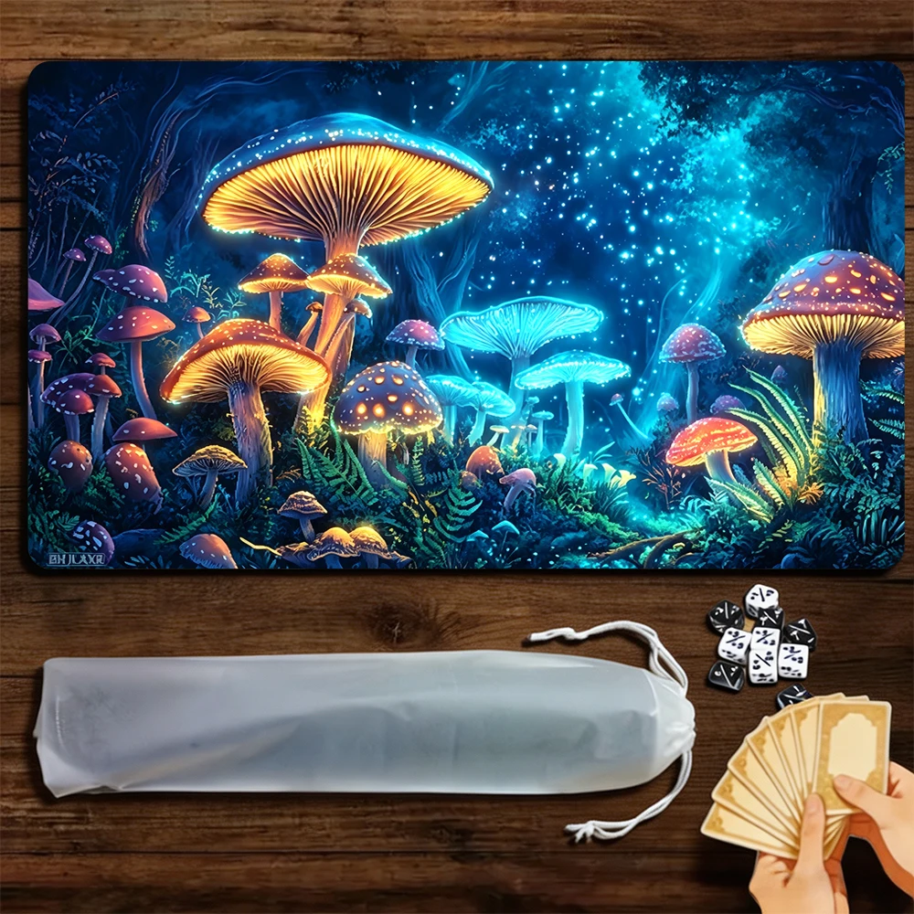 Fluorescent mushroom forest TCG Playmat Magic Playmat Gathering Gaming Mat with Stitched Edge Anti-slip base Trading Card Game