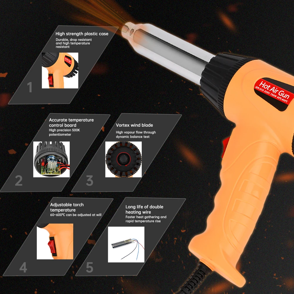 750W 220V Electric Hot Air Gun Plastic Welding Gun Baking Gun Car Bumper Household Welding Tools 60-600 ℃Temperature Regulating