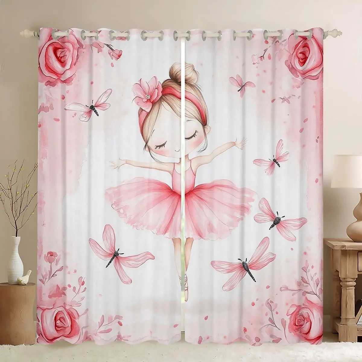 Princess Ballerina Floral Butterfly Curtains Pink Nursery Room Backdrop Cute Girls Bedroom Window Curtain Home Decor Window Trea