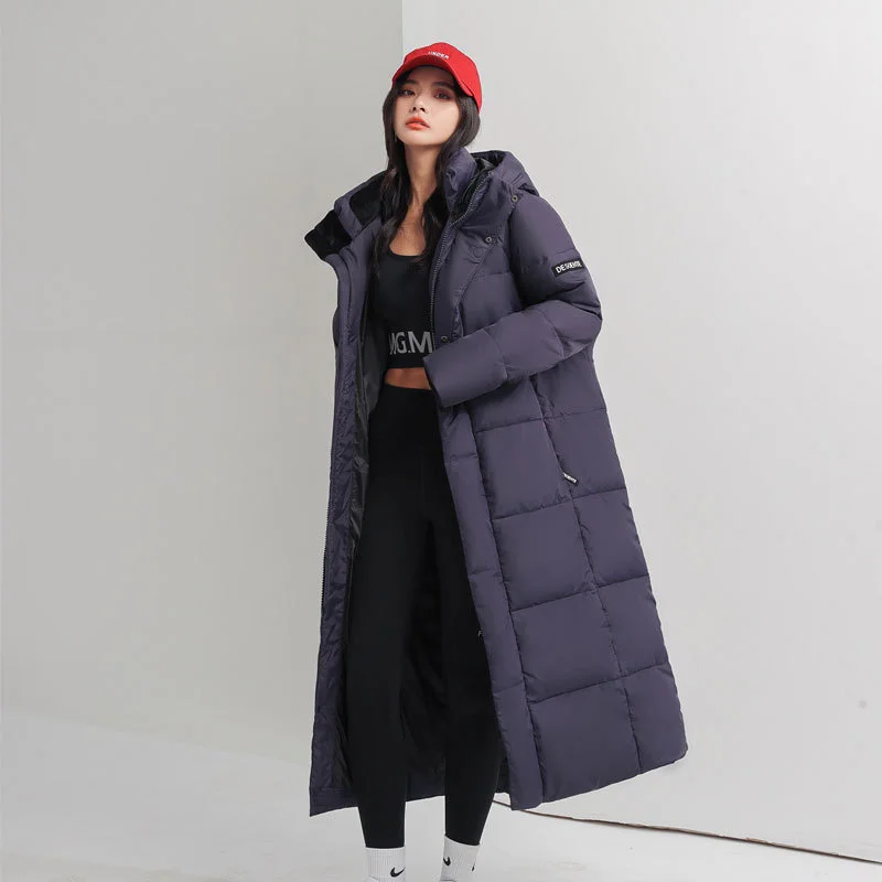 Lovers Winter Hooded X-Long Down Coats 2022 New Arrival Men's Thick Keep Warm Korean Cross Knee 90% White Duck Jacket