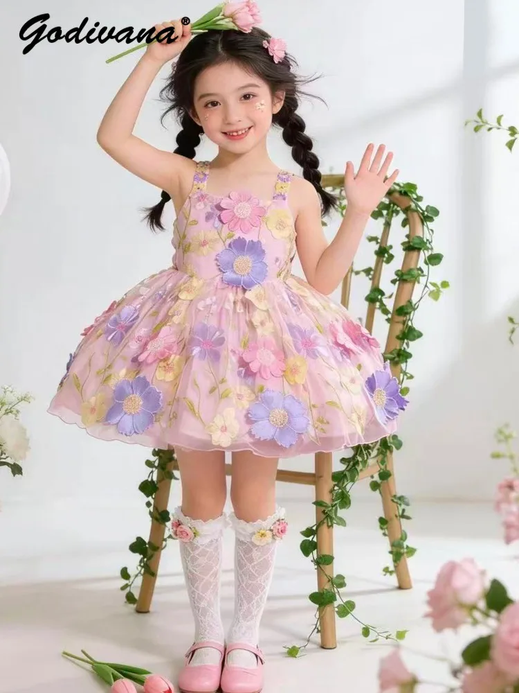 Girl Floral Tulle Lolita Dress 2026 Summer New Mori Style Sleeveless Spaghetti Strap Princess Dresses Birthday Party Ball Gown