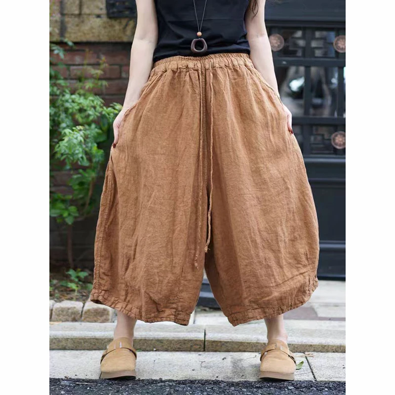 New Arrival Summer Arts Style Women Elastic Waist Loose Calf-length Pants High Quality Cotton Linen Vintage Wide Leg Pants TX139