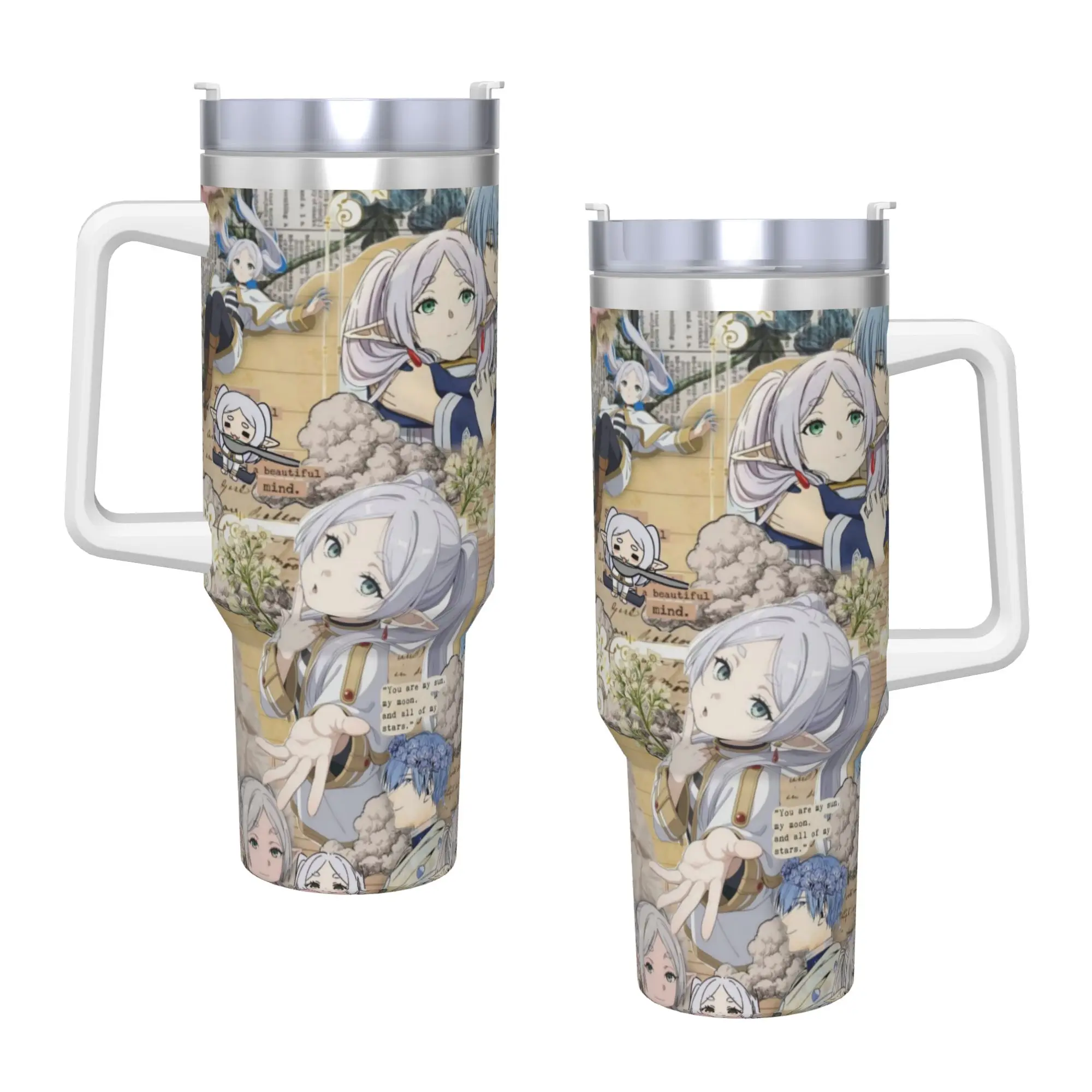 Frieren Beyond Journeys Tumbler With Handle  Travelist Car Mugs 40oz Thermal Mug Keep Heat Cold Drink Milk Tea Water Bottle