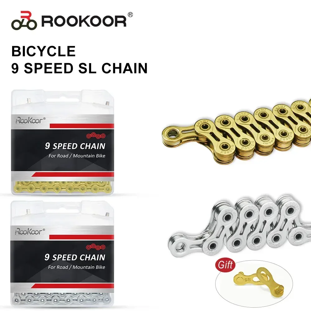 Rookoor Bicycle Chain 9 Speed Titanium Plated SL Full Hollow Chains  For Road MTB Bike Cycling Accessories 116 Links Gold Silver