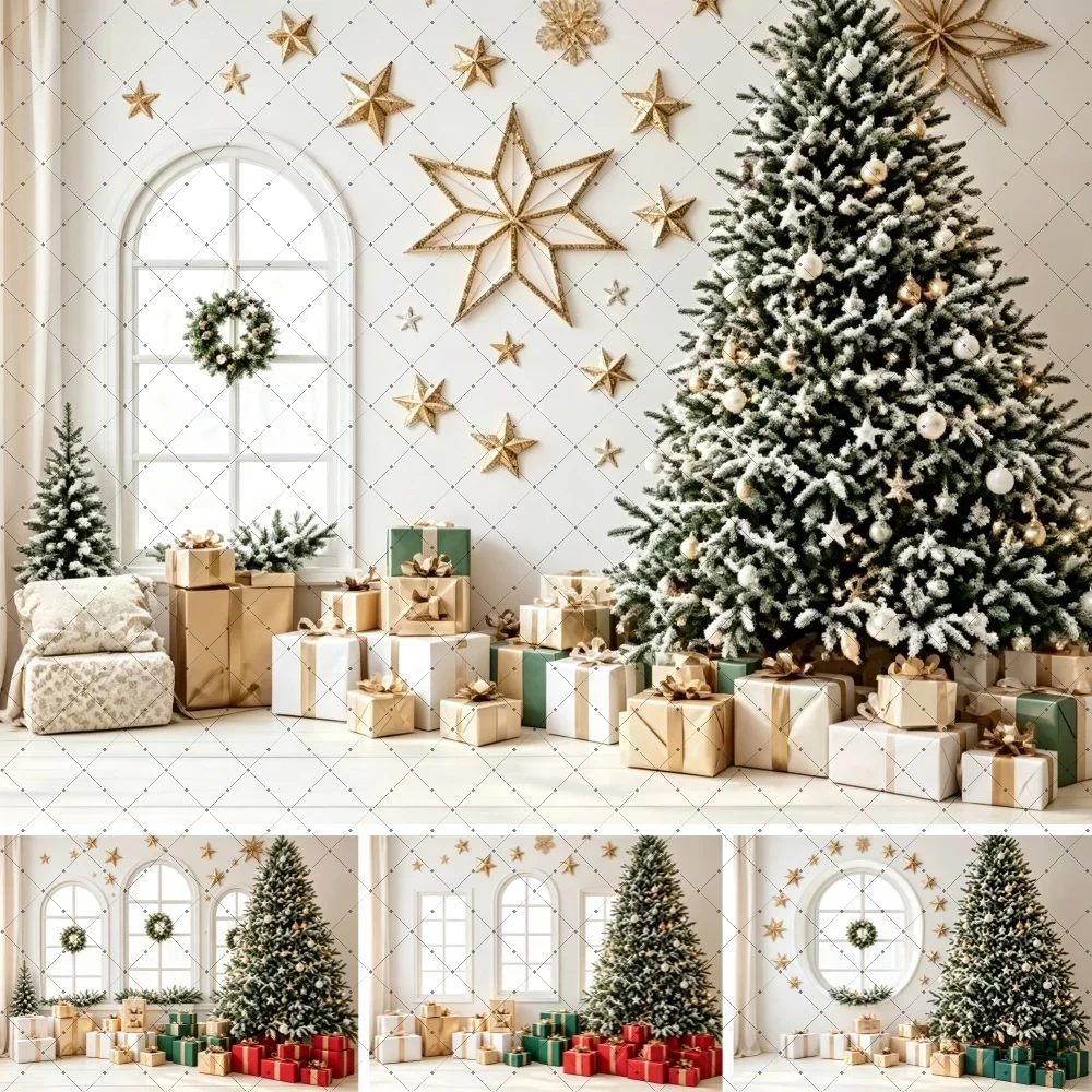 Christmas Indoor Studio Photo Backdrop Golden Star Decor Xmas Tree Gift Wreath Family Portrait Holiday Shoot Background Decor