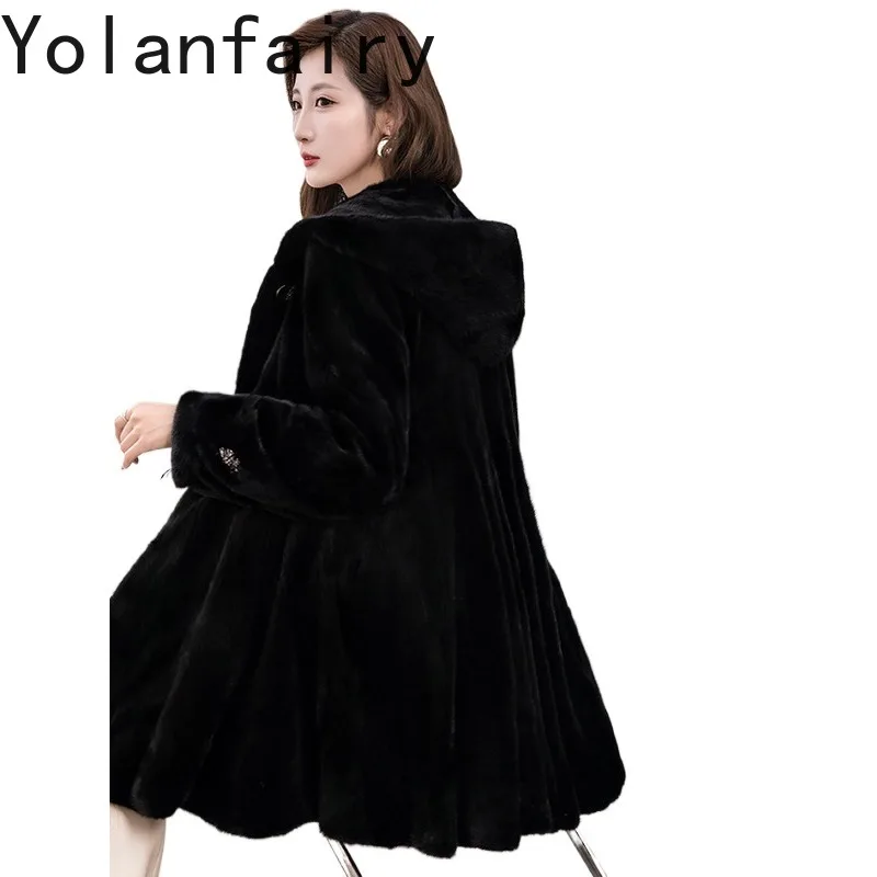YOLANFAIRY Whole Mink Natural Real Velvet Mink Coat Fur Jacket Mid-length Style Full Pelt Mink Woman Elegant Hooded Winter Coat