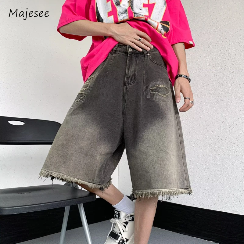 Jeans Men Harajuku Washed Distressed Knee Length All-match Chic Loose Streetwear American Style Denim Trousers Tassel Summer New