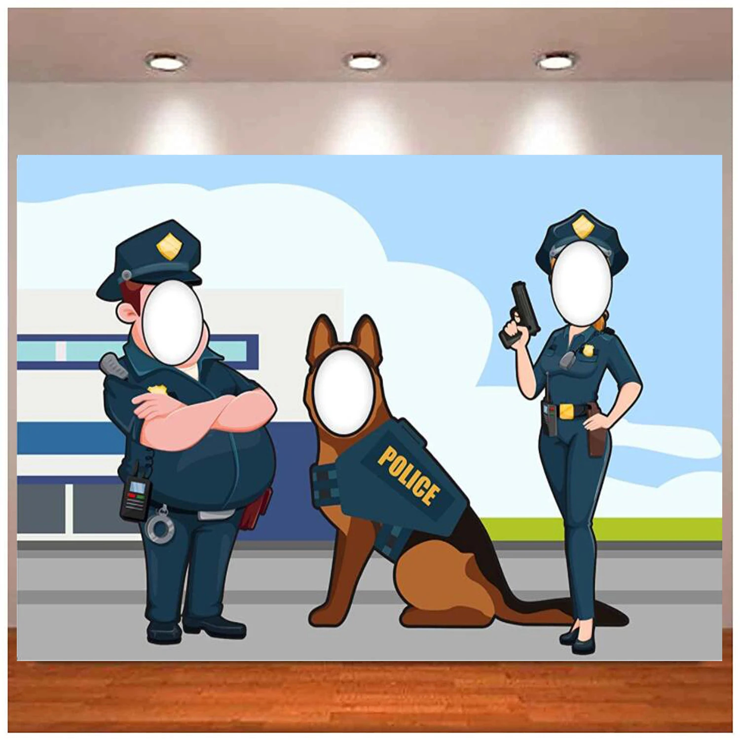 Policeman Uniform Photo Banner Backdrop Pretend Play Party Game Large Police Dog Face Photo Booth Props Theme Decor Background