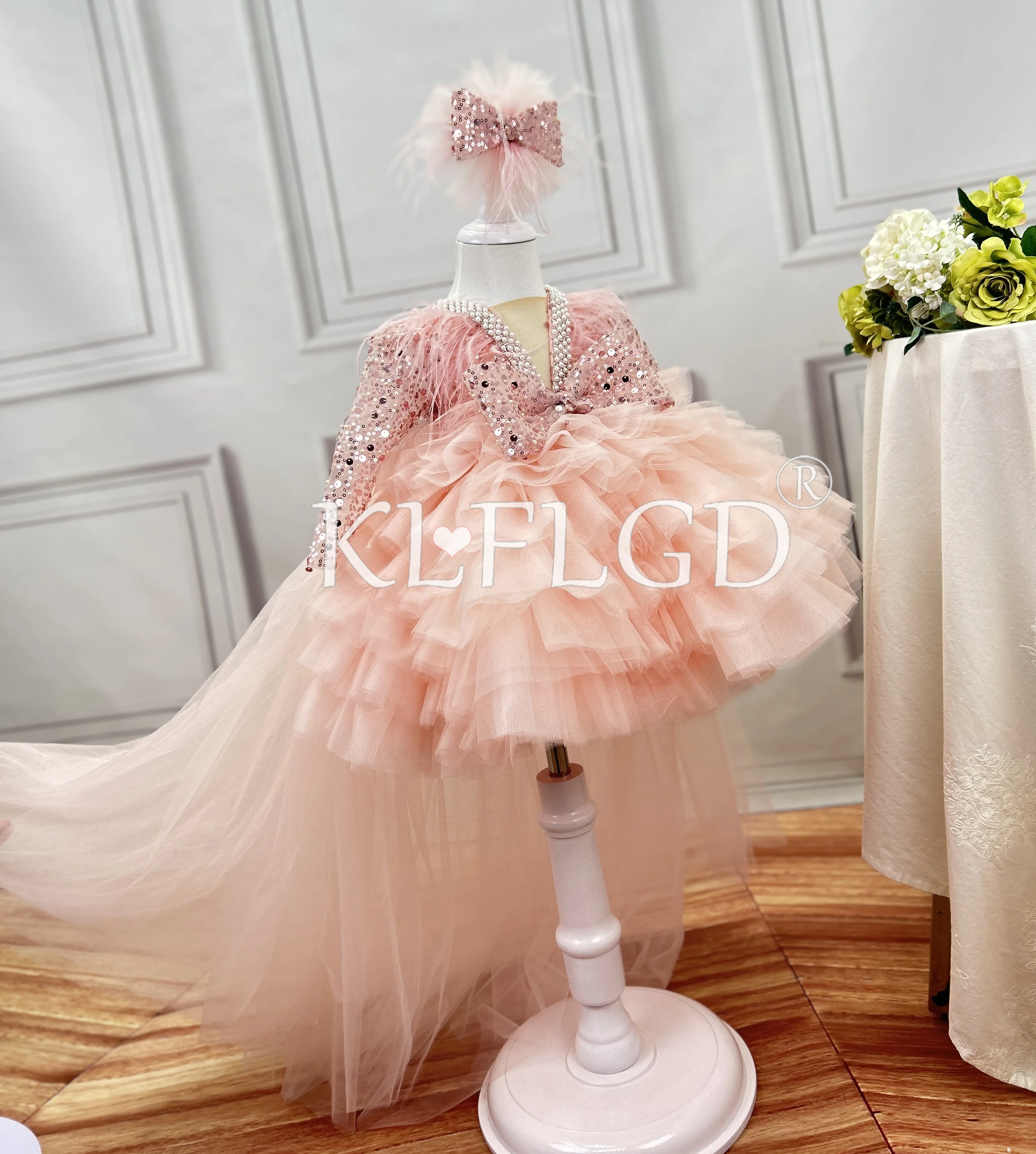 Girl's elegant pink dress, children's tail -tail handmade dress wedding birthday festival party girl clothing 2025 new