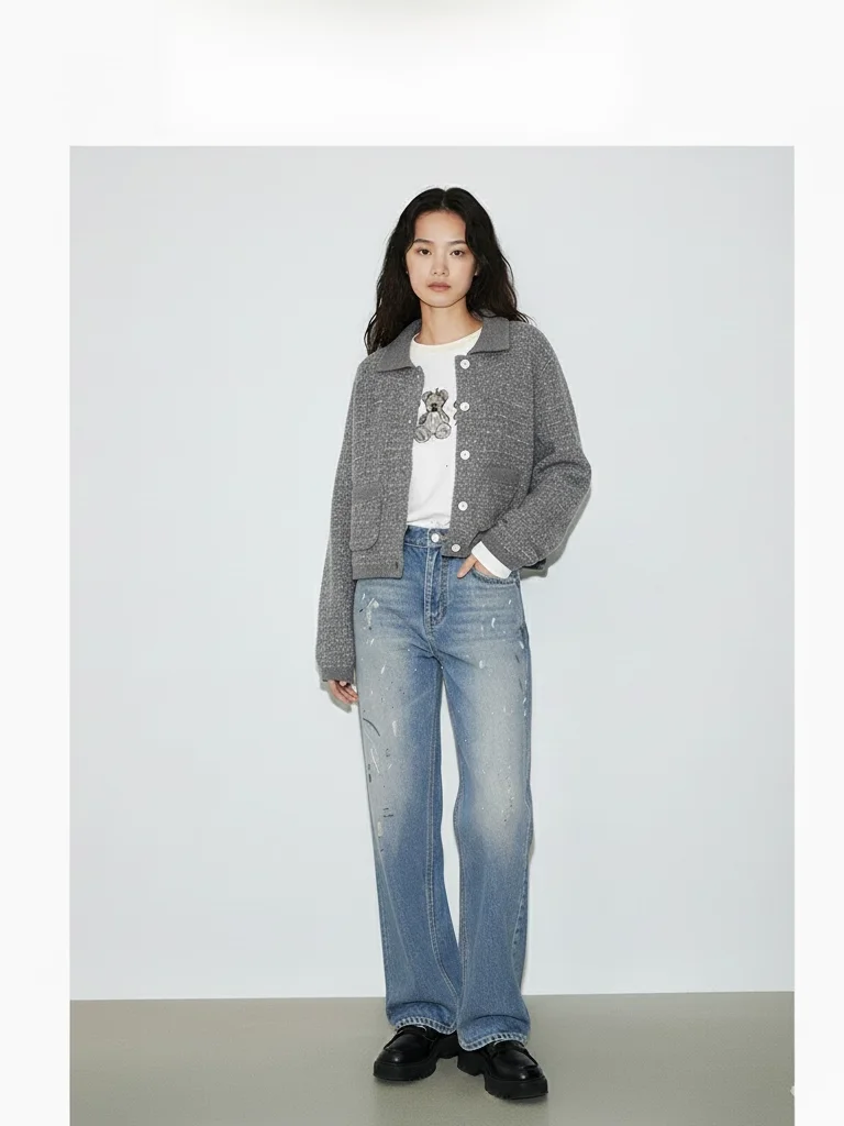 

AcouSotg2025 Осенний вязаный кардиган из смесовой шерсти в стиле «маленький французский шик», повседневное свободное пальто с длинными рукавами для женщин