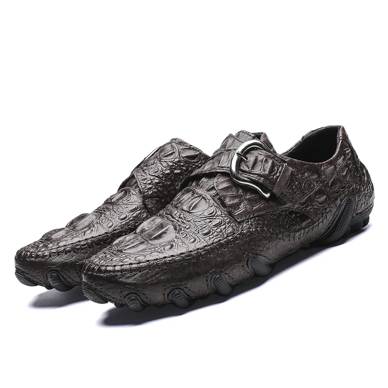 Sapatos casuais masculinos couro genuíno padrão de crocodilo marca de luxo moda respirável condução sapatos deslizamento em mocassins confortáveis