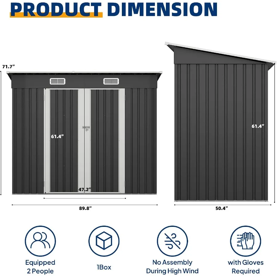 Sheds Outdoor Storage: 8X4 FT Galvanized Steel Shed with Sloping Roof, Gray Finish, Rust-Resistant and Lockable Door