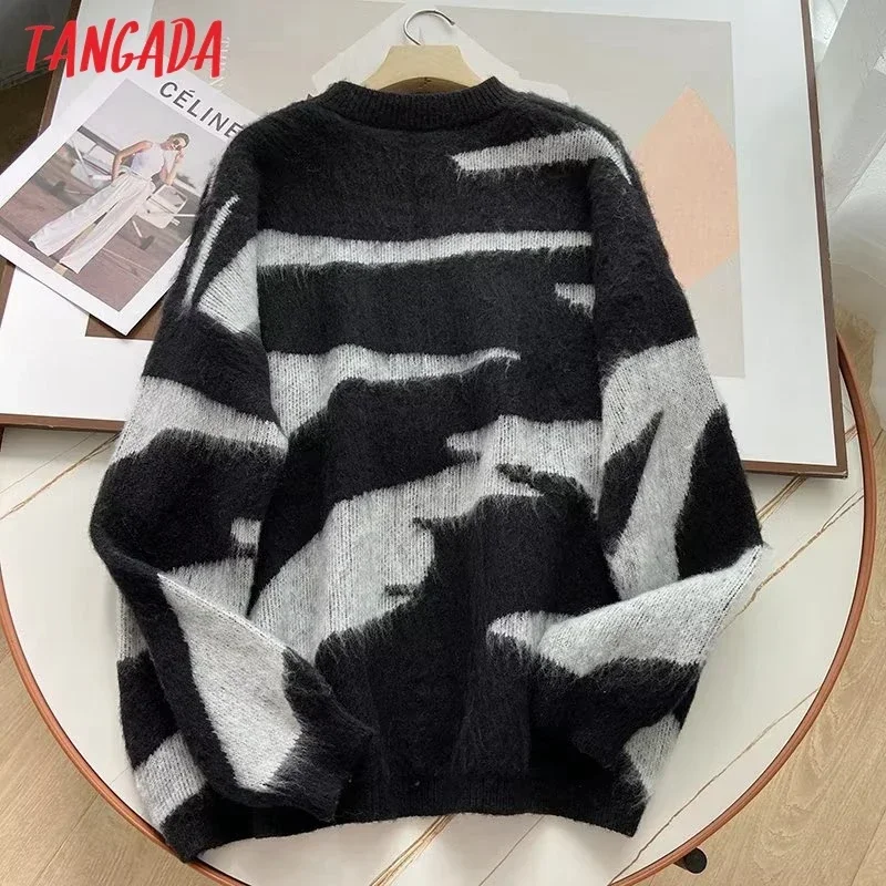 Tangada Women 2023 Fashion Jaquard Oversized Knitted Sweater Jumper O Neck Female Pullovers 4R14